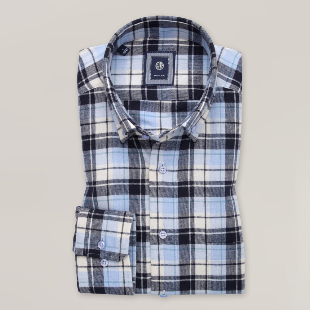 Pánska svetlomodrá károvaná košeľa slim fit s prímesou vlny 15766