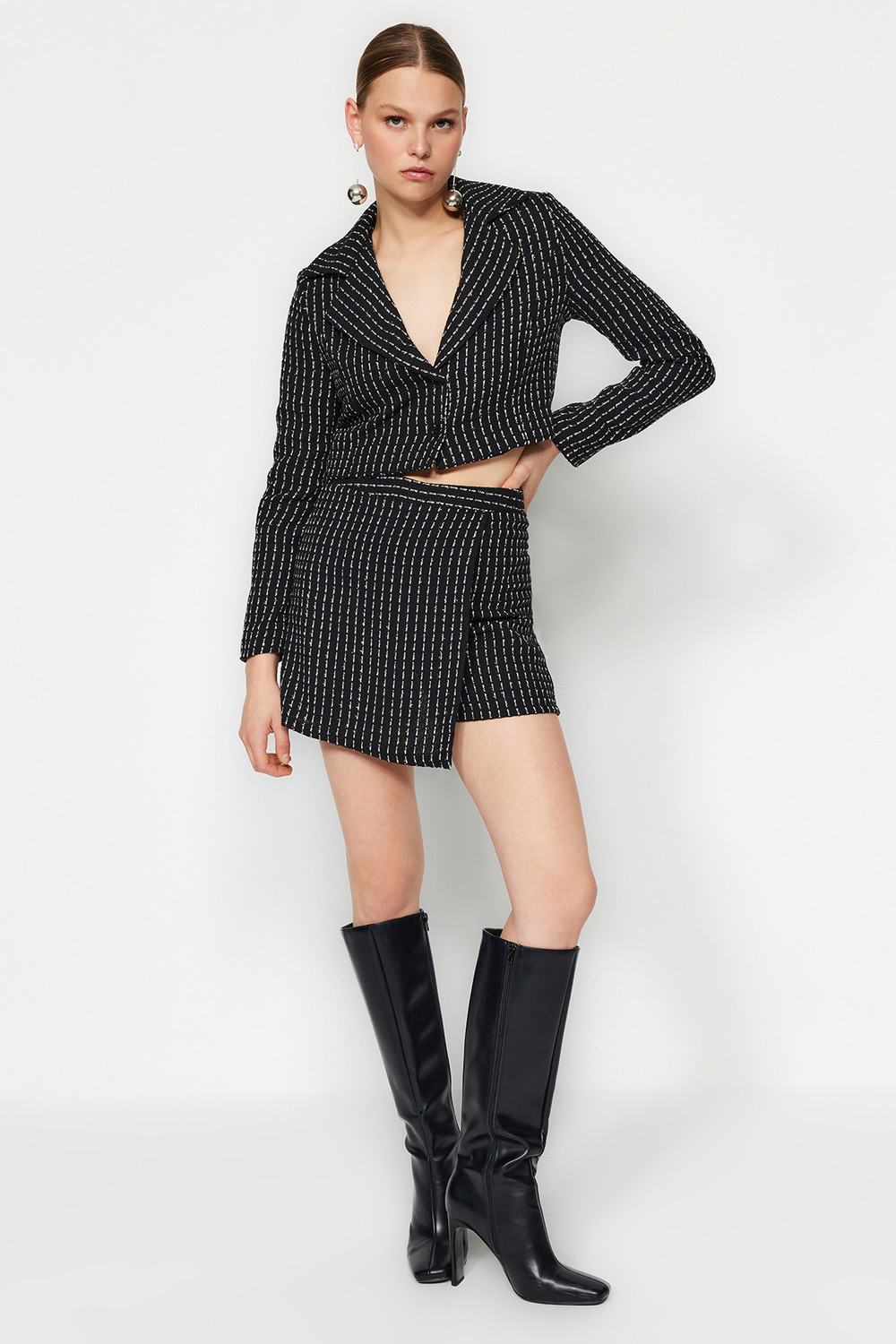 Trendyol Black Crop Glittery Woven Tweed Blazer Jacket