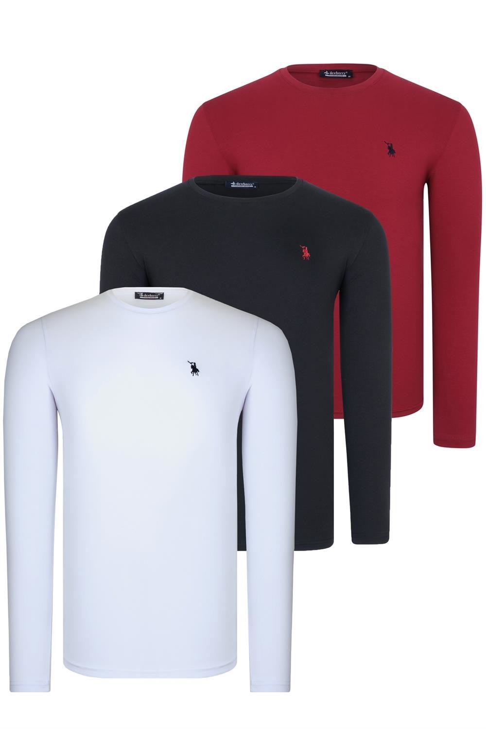TRIPLE SET T8588 DEWBERRY ROUND NECK MEN'S SWEATSHIRT-BLACK-WHITE-BURGUNDY