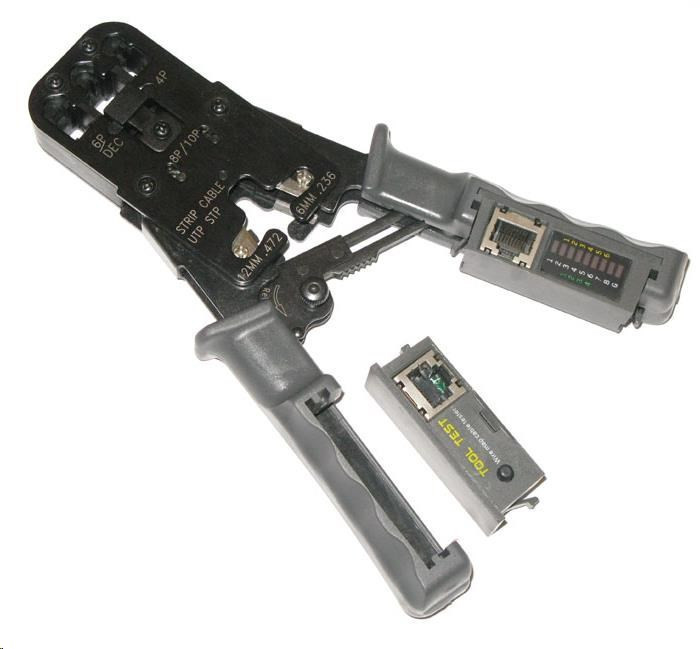 Kliešte krimpovacie PROFI+ s račňou pre konektory RJ11, RJ12, RJ45 s testerom a LED indikáciou