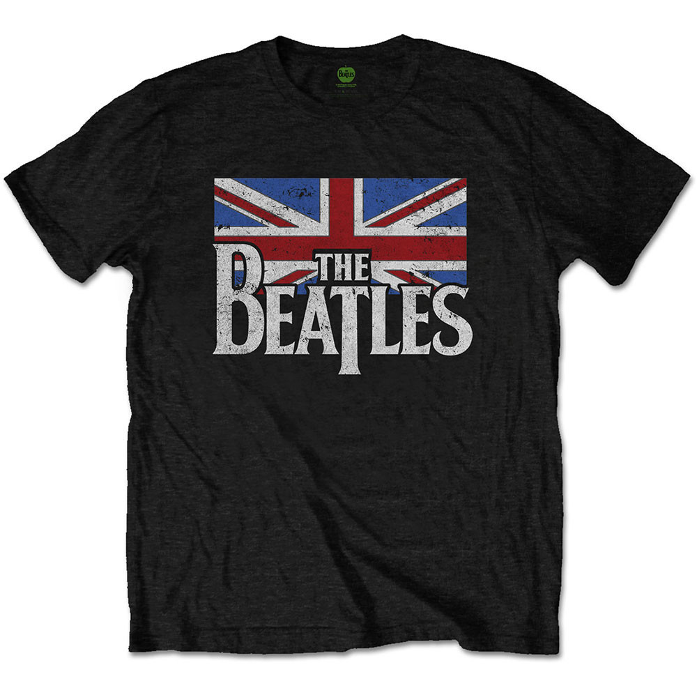 The Beatles tričko Drop T Logo & Vintage Flag Čierna S
