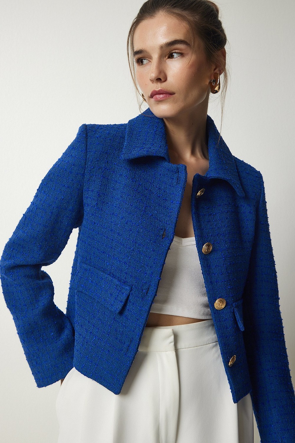 Happiness İstanbul Women's Blue Tweed Crop Jacket