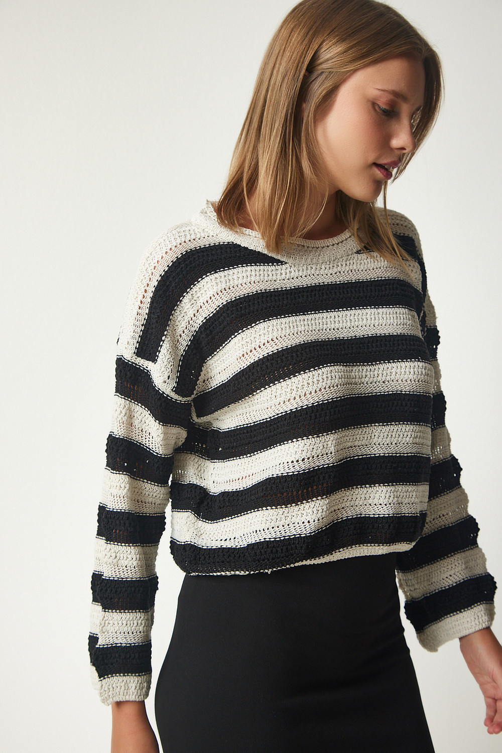 Happiness İstanbul Women's Cream Black Striped Openwork Knitwear Sweater