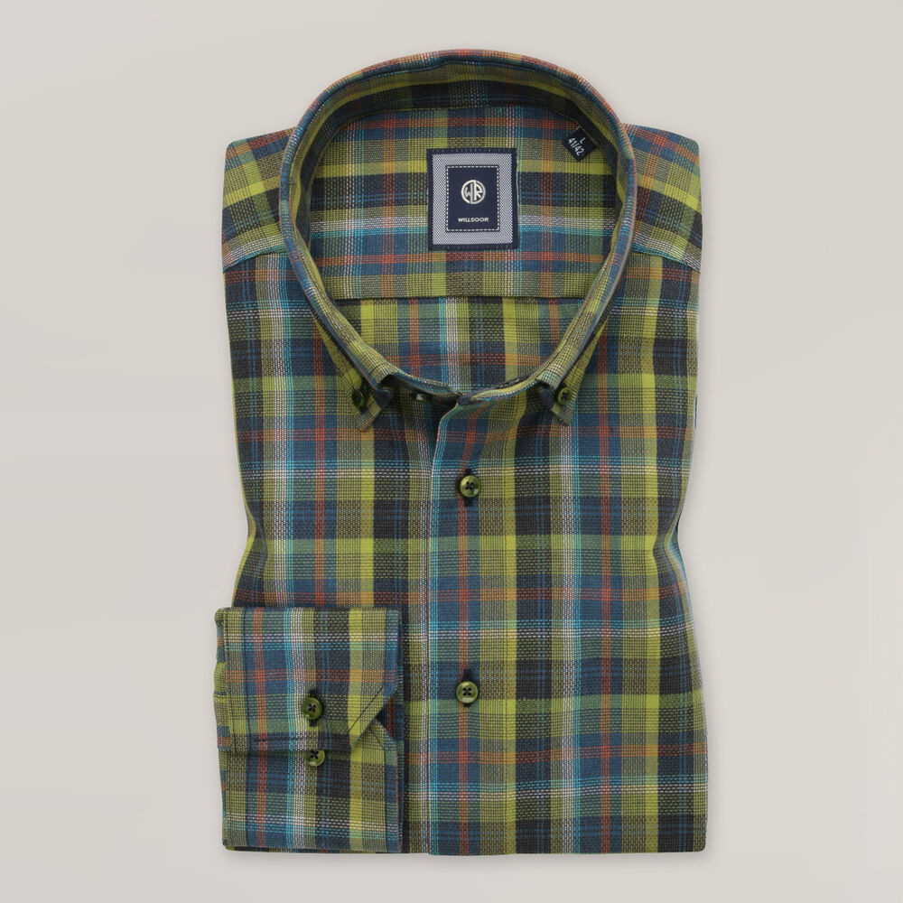 Pánska zelená košeľa slim fit s viacfarebným károvaným vzorom 15841