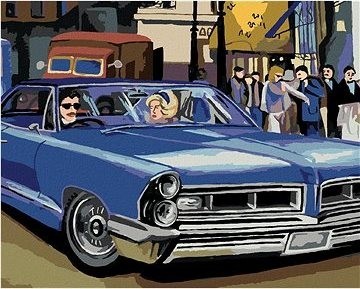 Modré retro auto, 40×50 cm, vypnuté plátno na rám