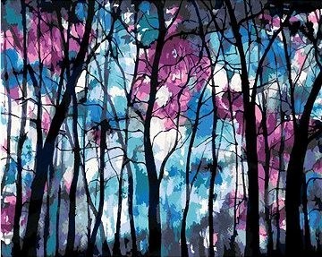 Temný les s modrofialovou oblohou, 40×50 cm, vypnuté plátno na rám