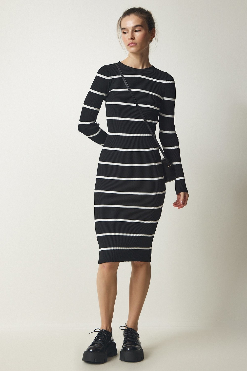 Happiness İstanbul Women's Black Ribbed Striped Wrap Sweater Dress