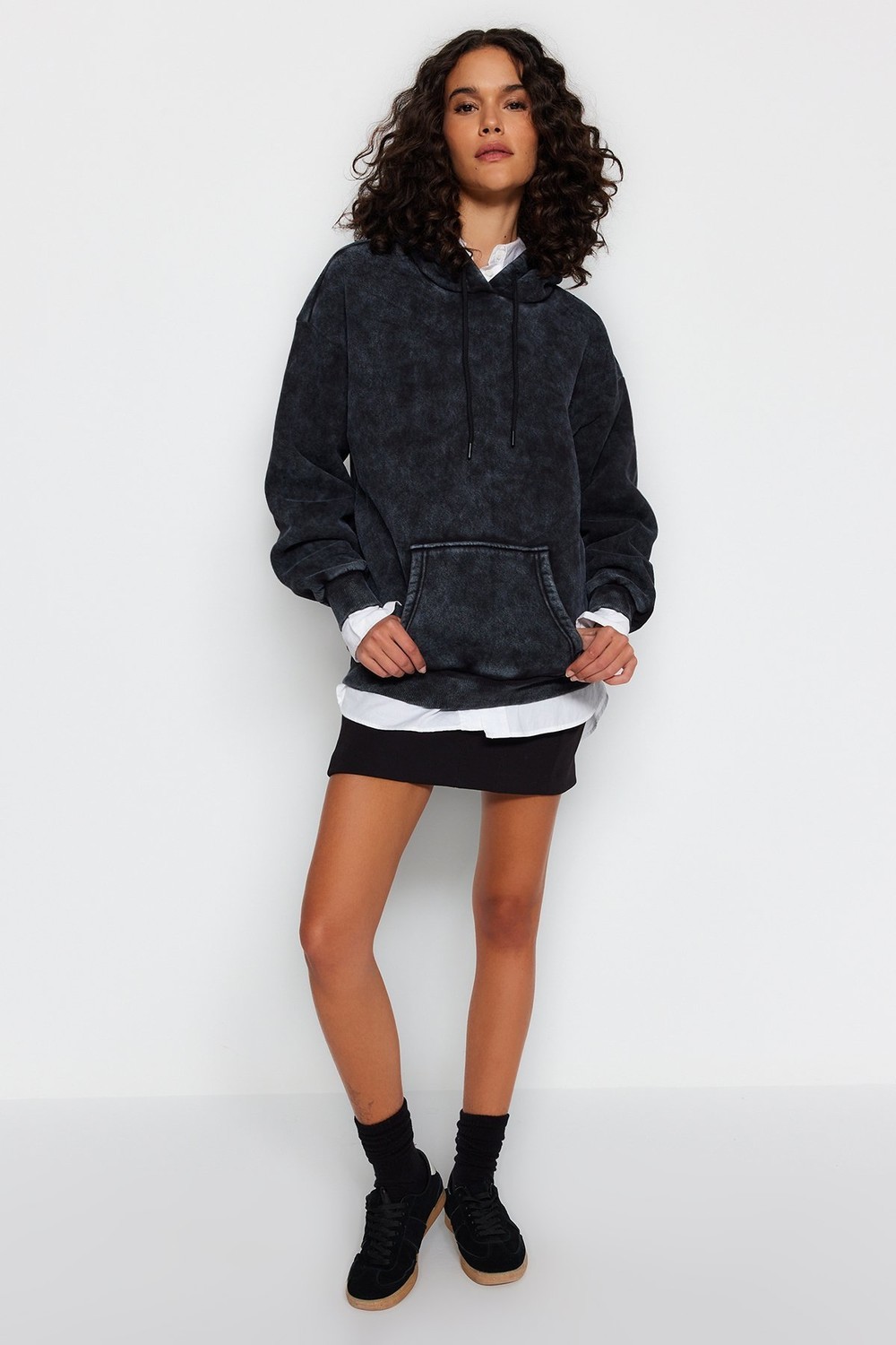 Trendyol Anthracite Anthracite/Faded Effect Thick Fleece Oversized Fit Hoodie, Knitted Sweatshirt