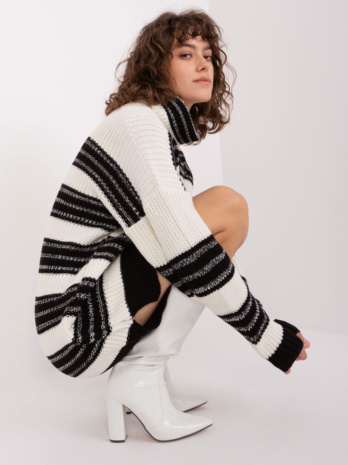 Ecru-Black Knitted Turtleneck Dress