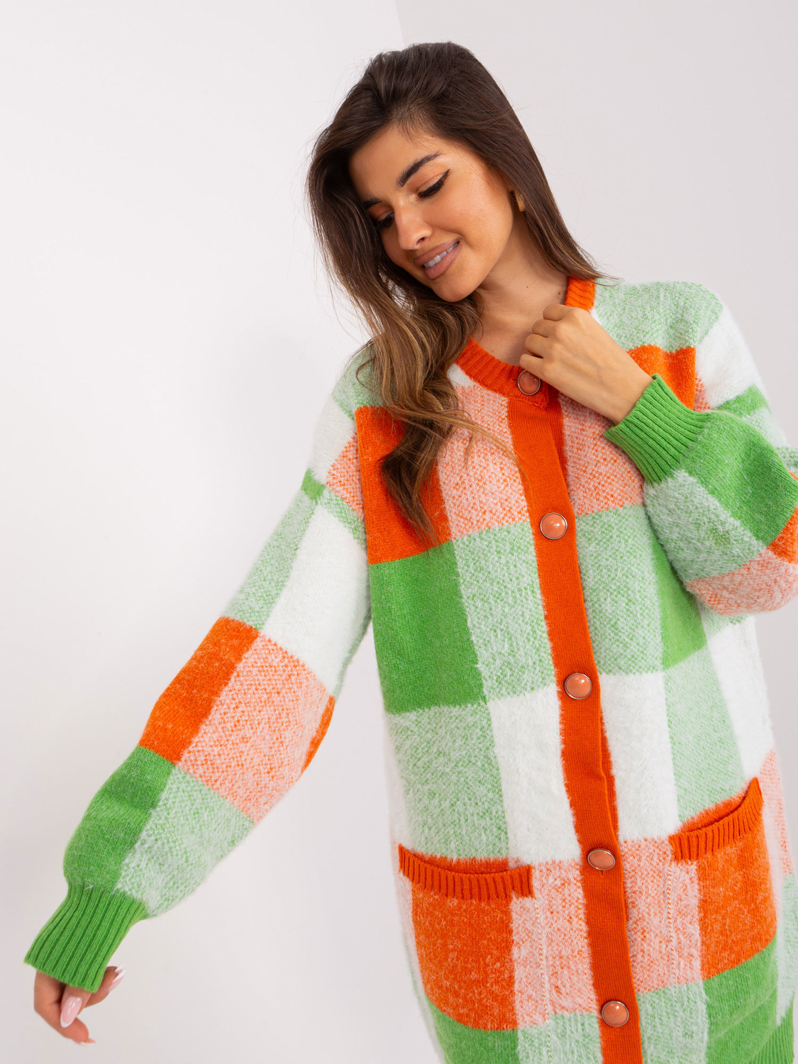 Orange and light green checked cardigan