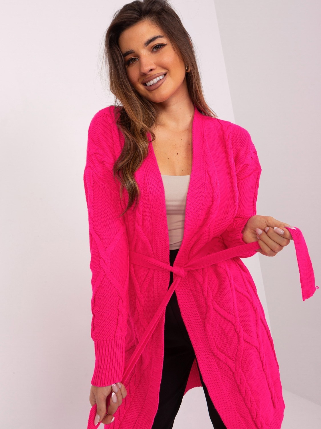 Fluo pink women's cardigan with cable ties
