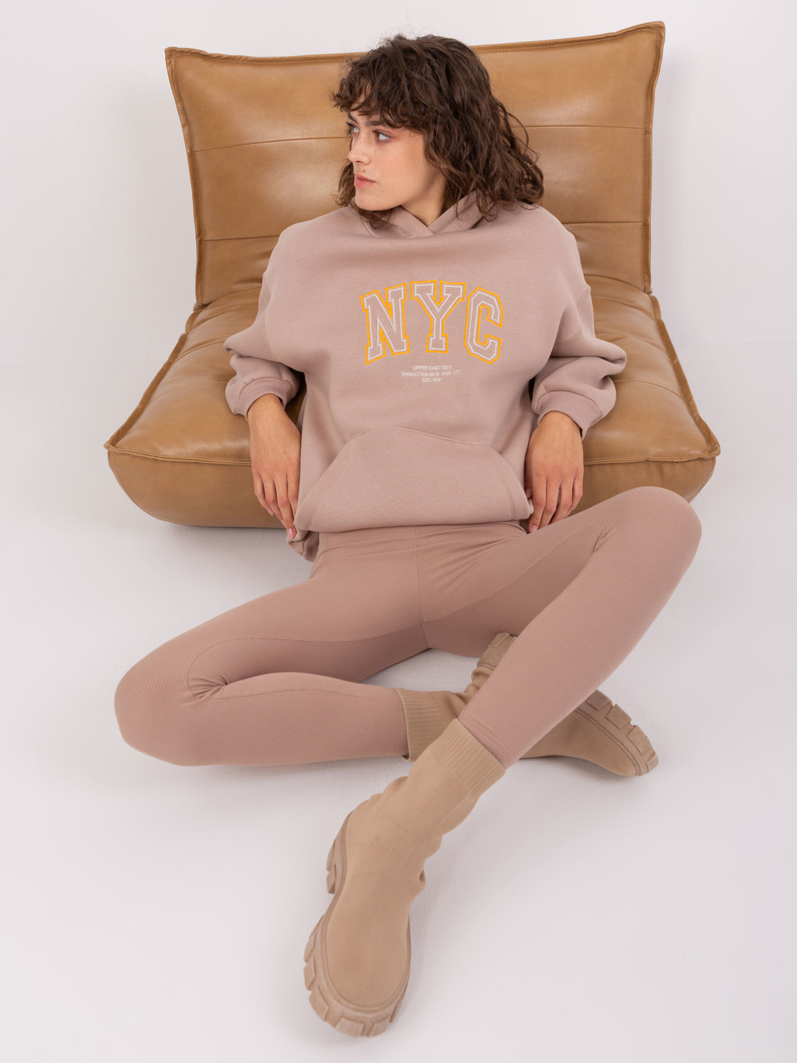 Dark beige cotton kangaroo sweatshirt
