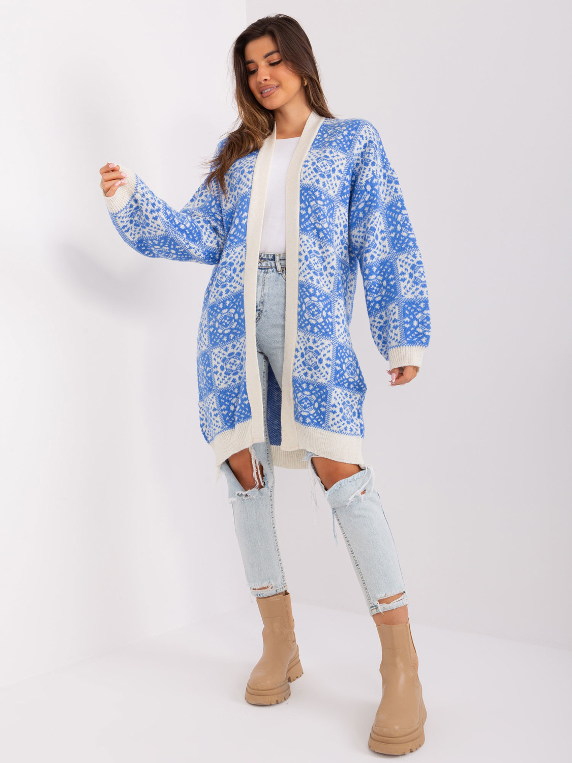 Blue and ecru women's cardigan with patterns