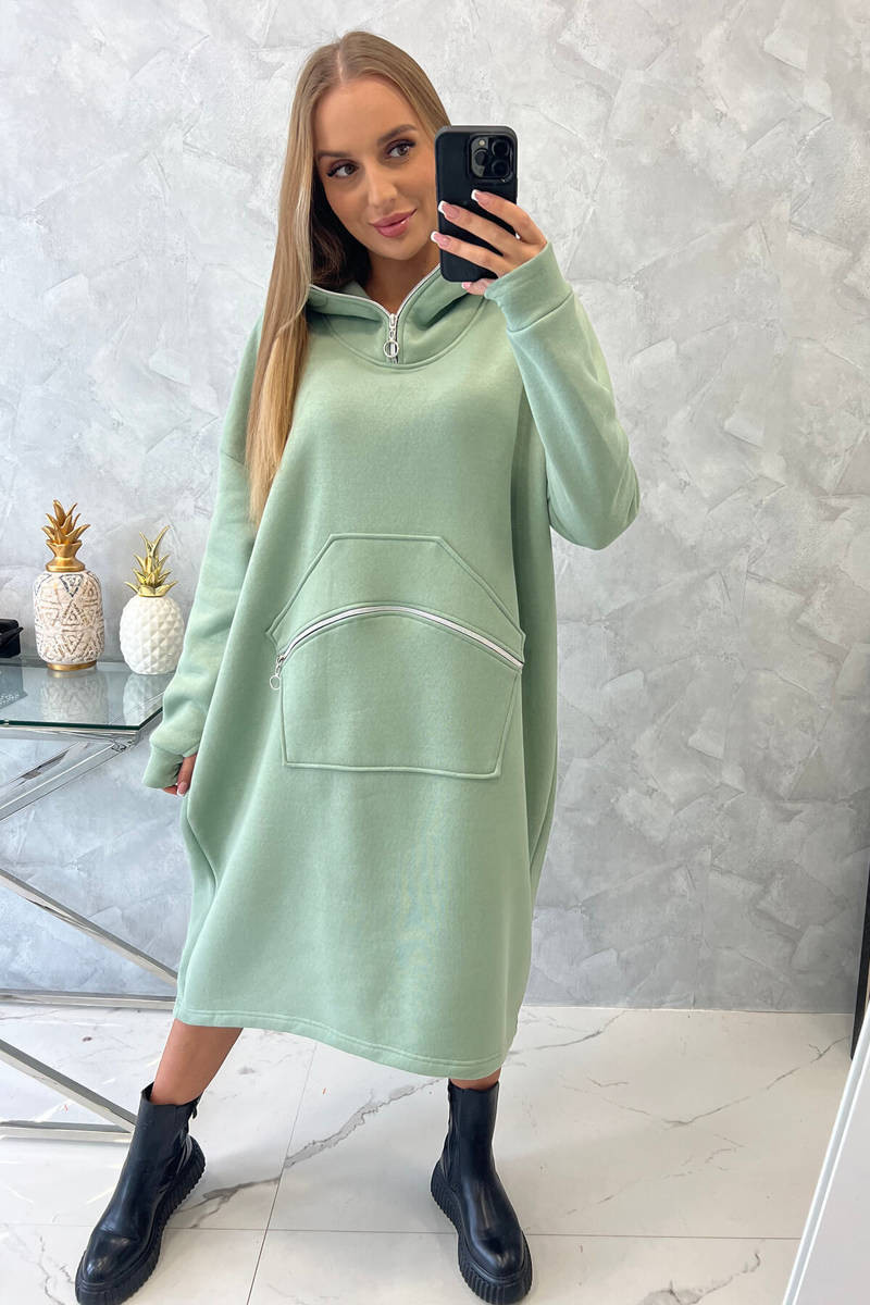Zateplené šaty s kapucňou tmavo mätové UNI