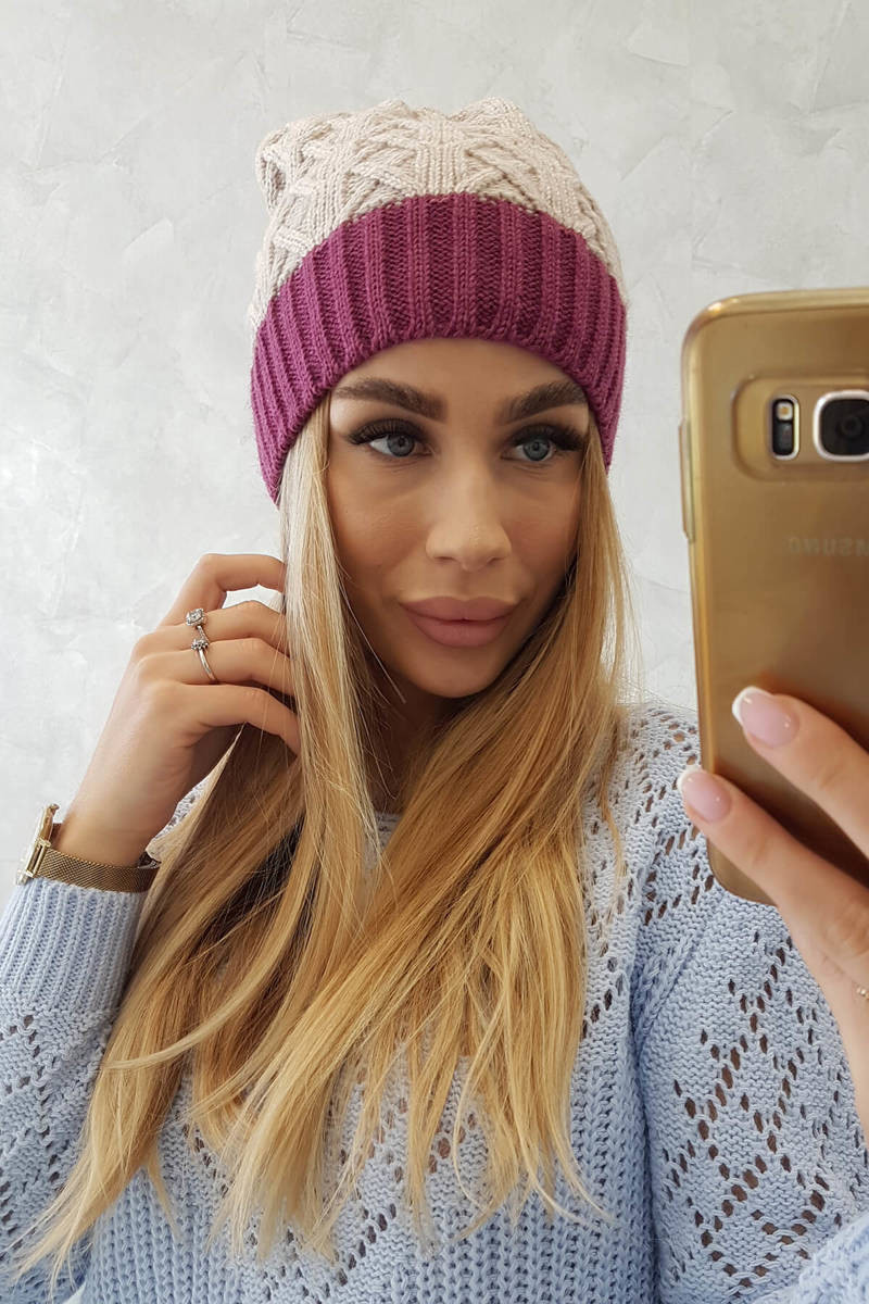 Bibiana fleecová čiapka K264 tmavo fialová + svetlo béžová UNI