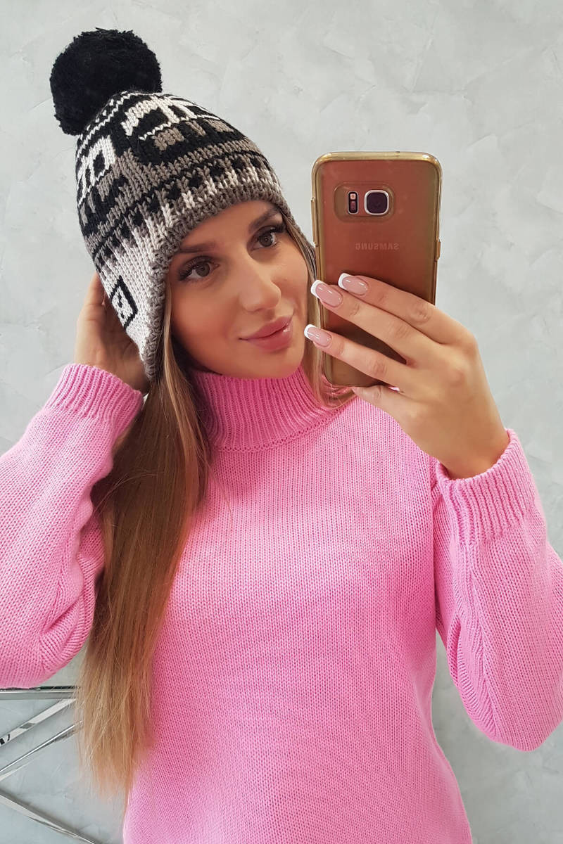 Rosa dámska čiapka s brmbolcom K368 čierna+mocca+béžová UNI