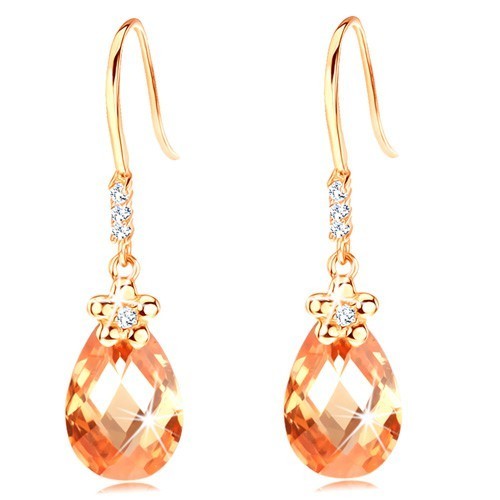 Náušnice v žltom 14K zlate - čire zirkóniky, malý kvet a oranžová slza