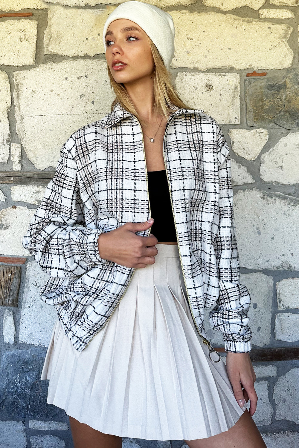 Trend Alaçatı Stili Women's Ecru Patterned Zippered Seasonal Bomber Jacket with Elastic Waist