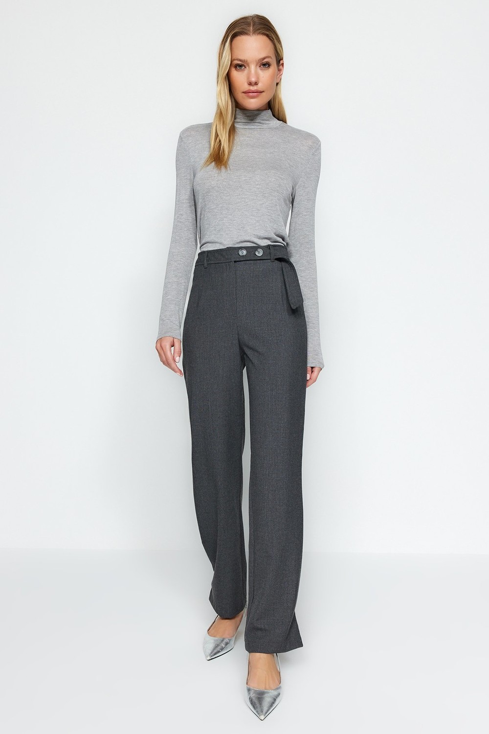 Trendyol Anthracite Woven Trousers With Belt Detail