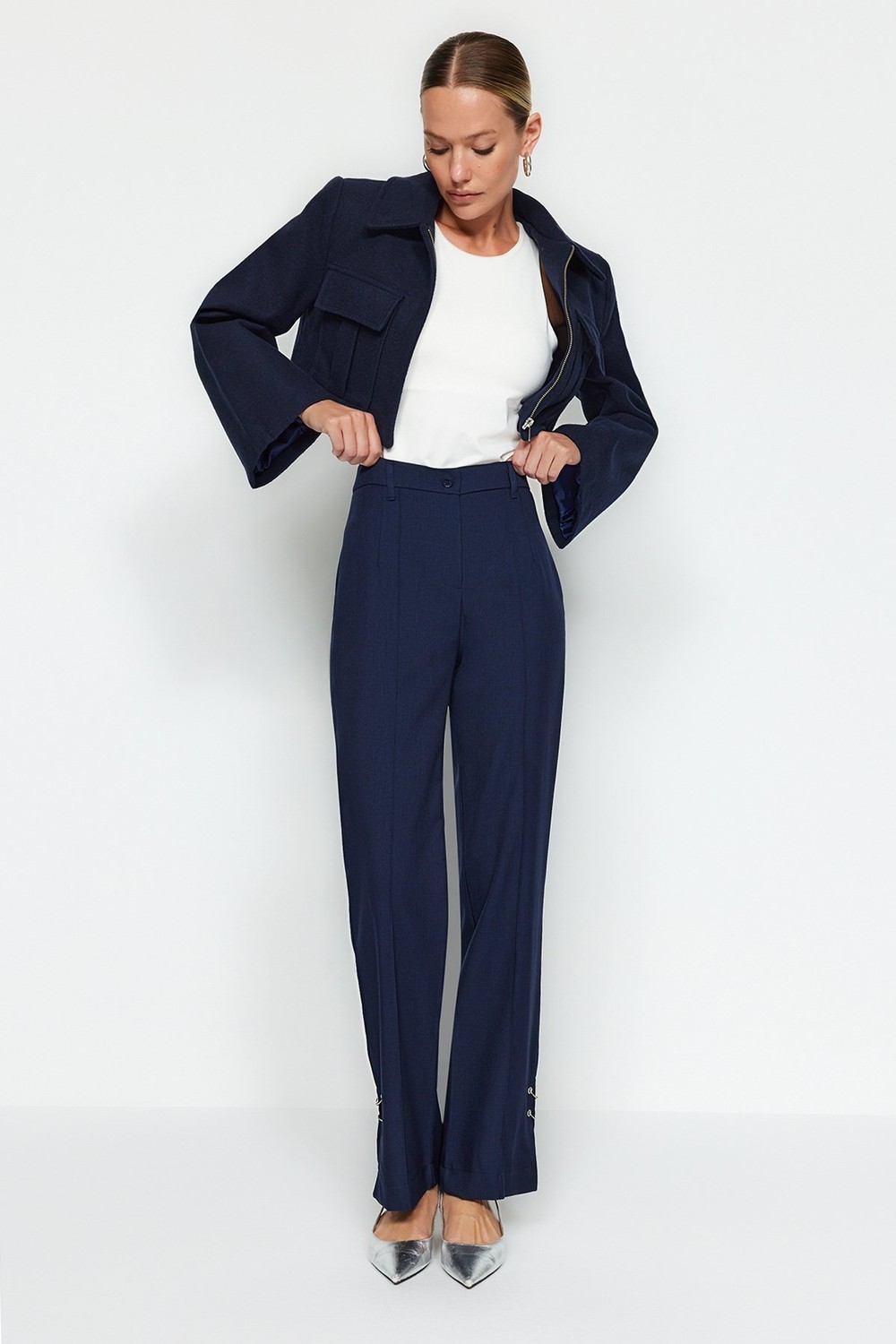Trendyol Navy Blue Straight Leg Trousers With Loop Detail, Woven Ribbed Trousers