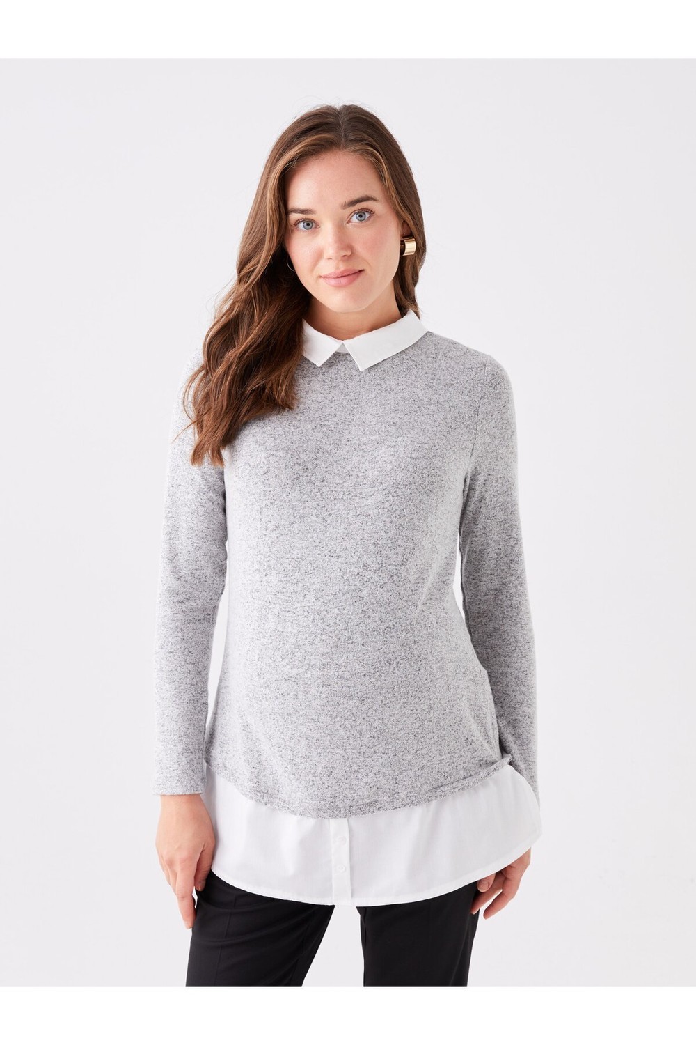 LC Waikiki Long Sleeve Shirt Collar Plain Maternity T-Shirt