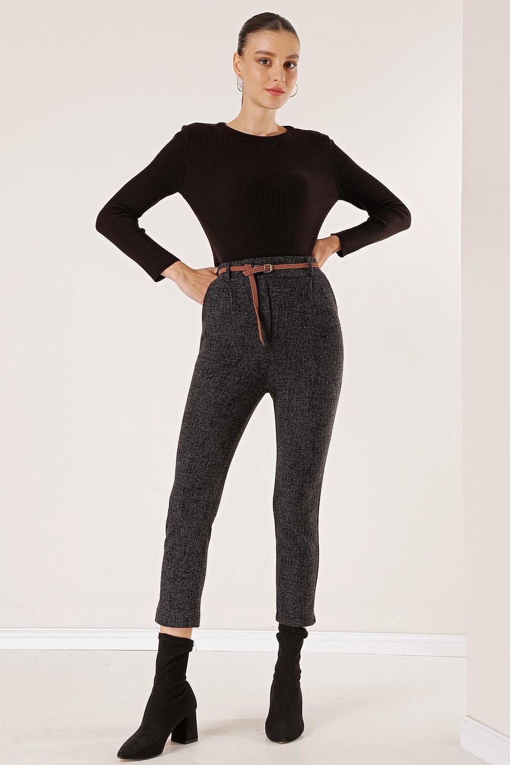 By Saygı Waist Belt Pocket Snow Rain Skinny Trousers