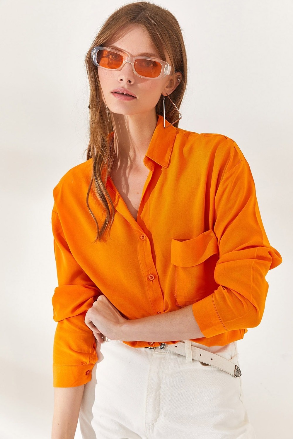 Olalook Women's Orange One Pocket Woven Viscose Shirt