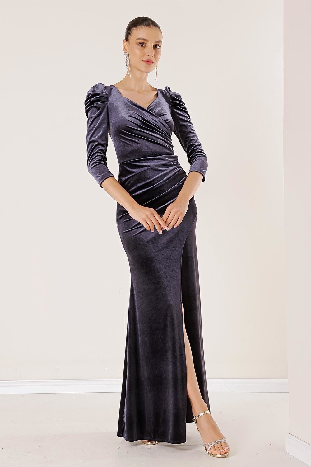 By Saygı Pleated Slit Long Velvet Dress