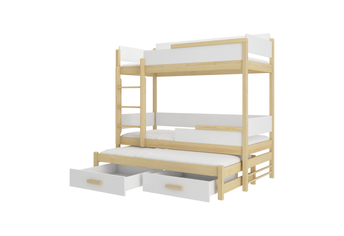 Expedo Detská poschodová posteľ KING + 3x matrac, 80x180, borovica/biela