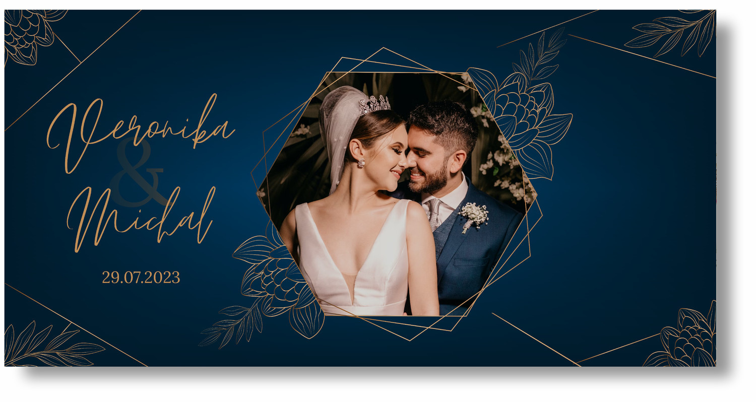 Personal Svadobný banner s fotkou - Gold blue Rozmer banner: 130 x 65 cm