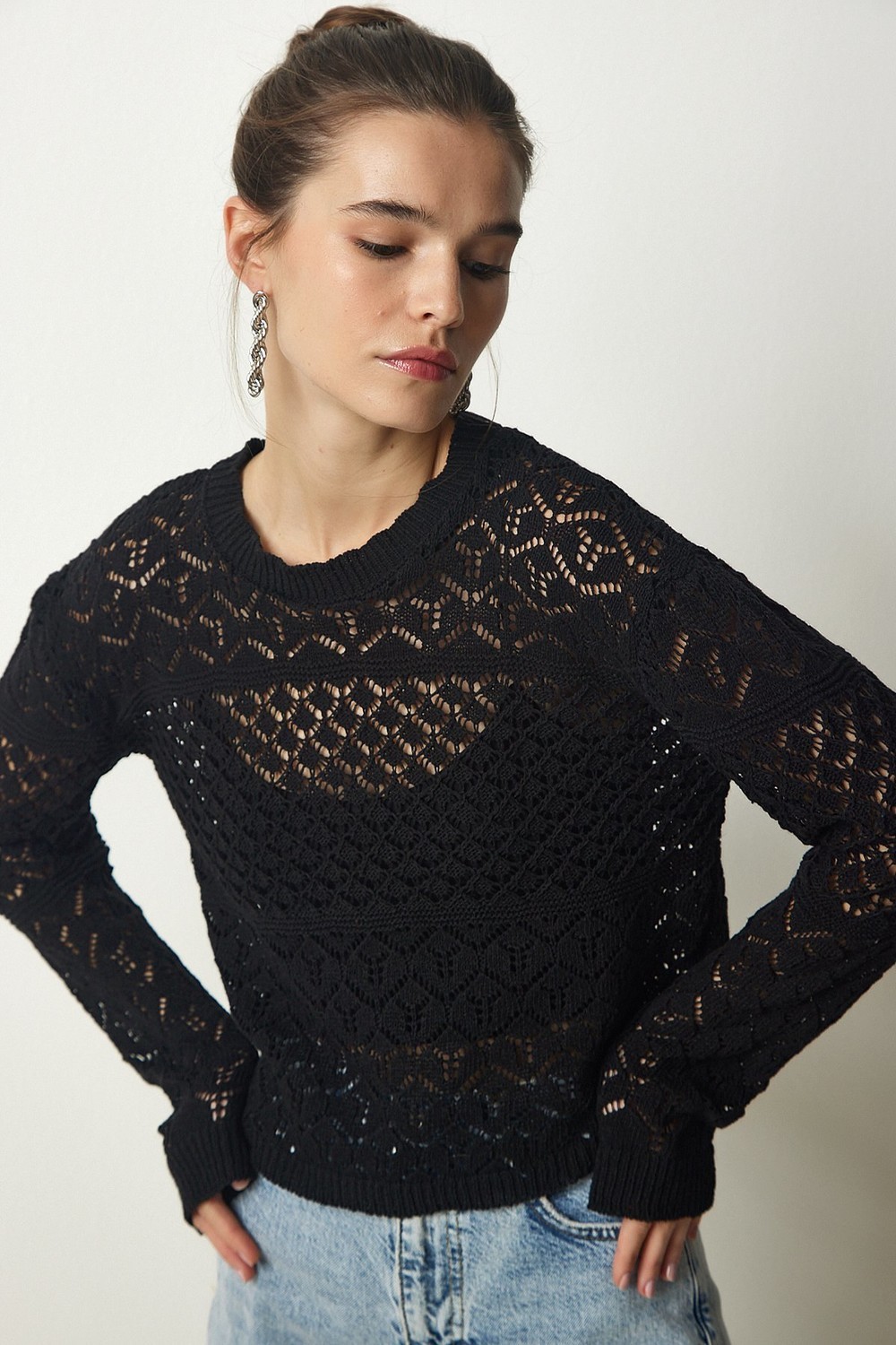 Happiness İstanbul Women's Black Openwork Knitwear Sweater