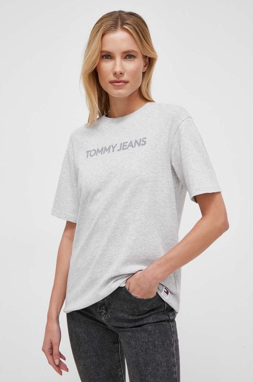 Bavlnené tričko Tommy Jeans dámsky, šedá farba