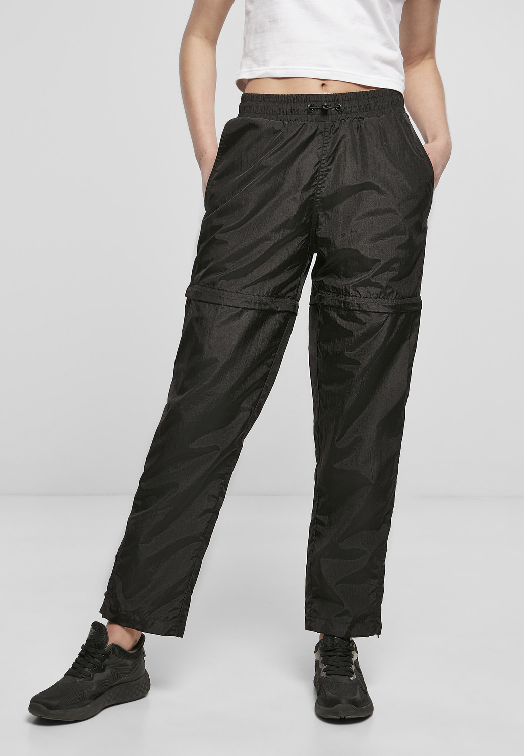 Women's Shiny Crinkle Nylon Zipper Pants Black