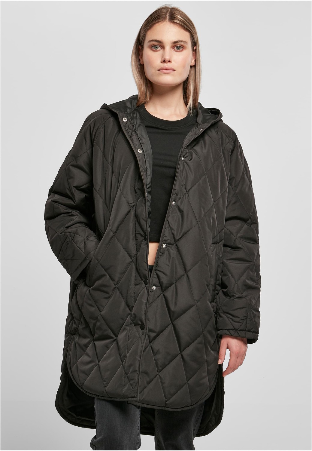 Women's Oversized Diamond Quilted Hooded Coat Black