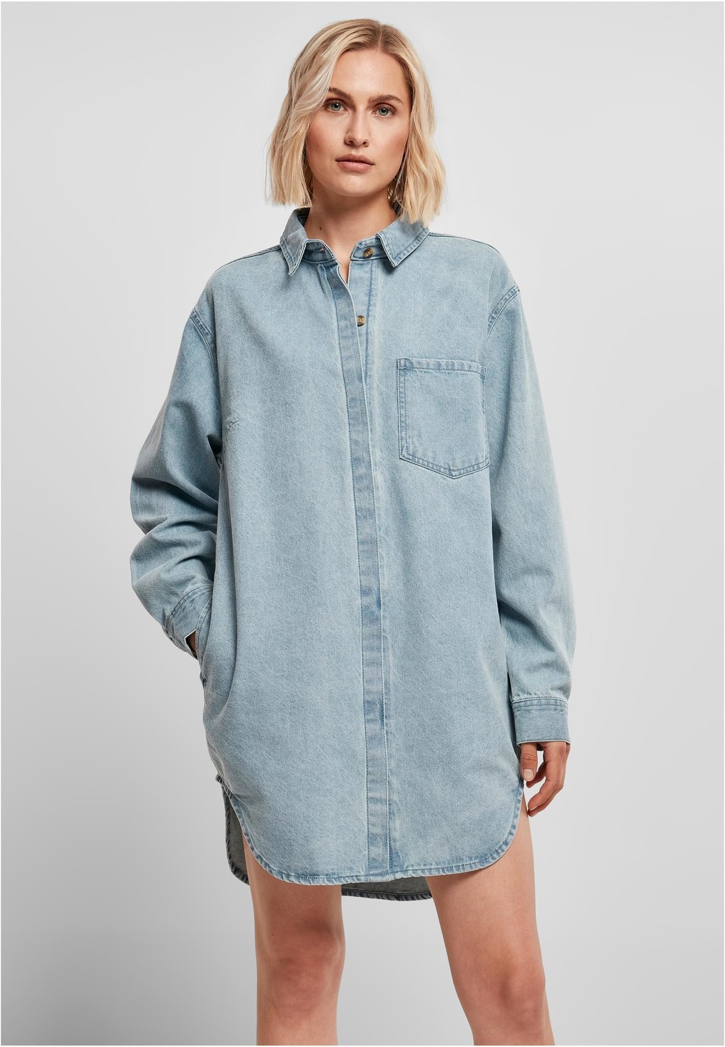 Women's oversized denim shirt dress with light blue dye