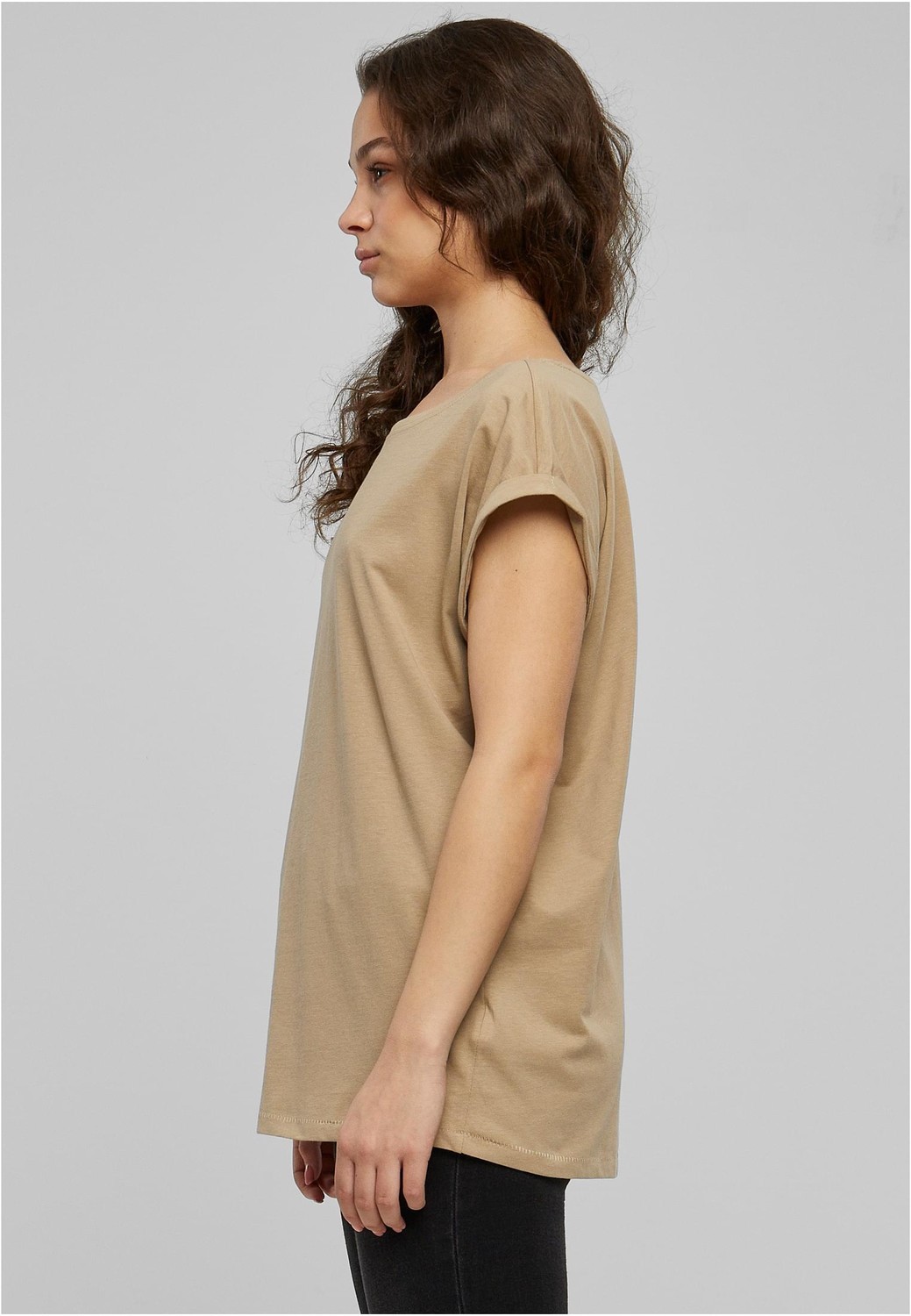 Women's soft taupe t-shirt with extended shoulder