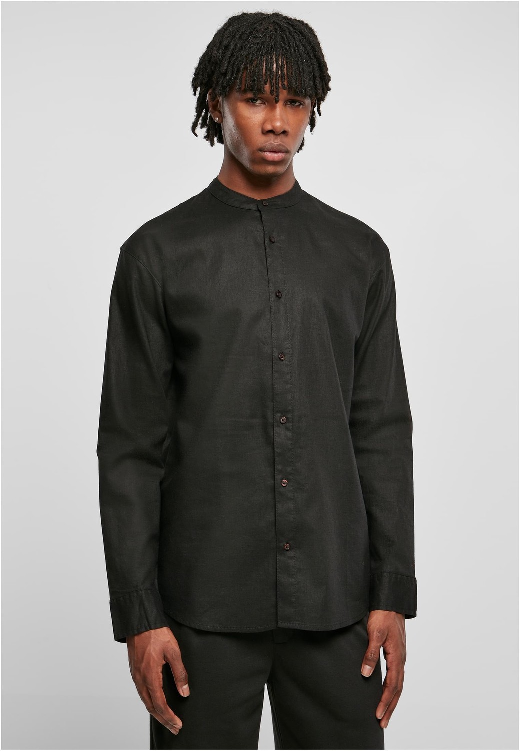 Cotton linen shirt with stand-up collar black