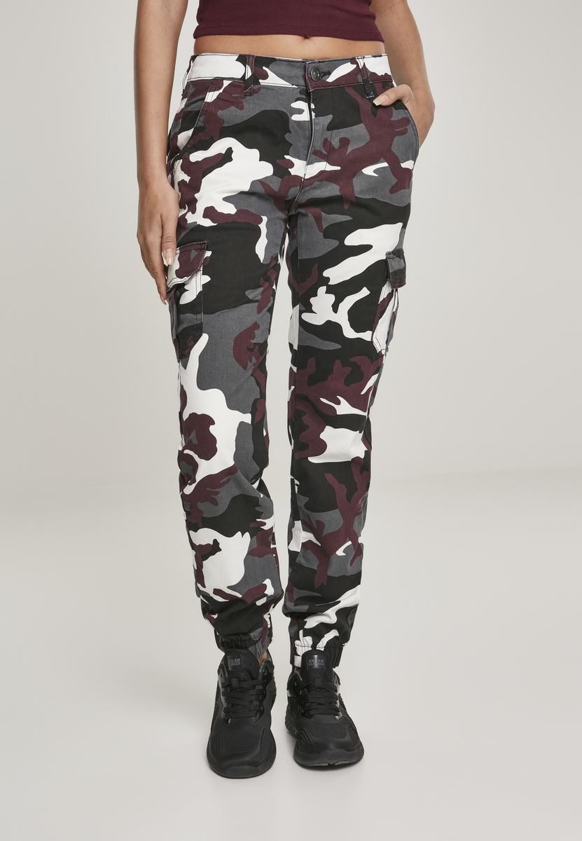 Camo Cargo Women's High Waisted Trousers with Burgundy Mask