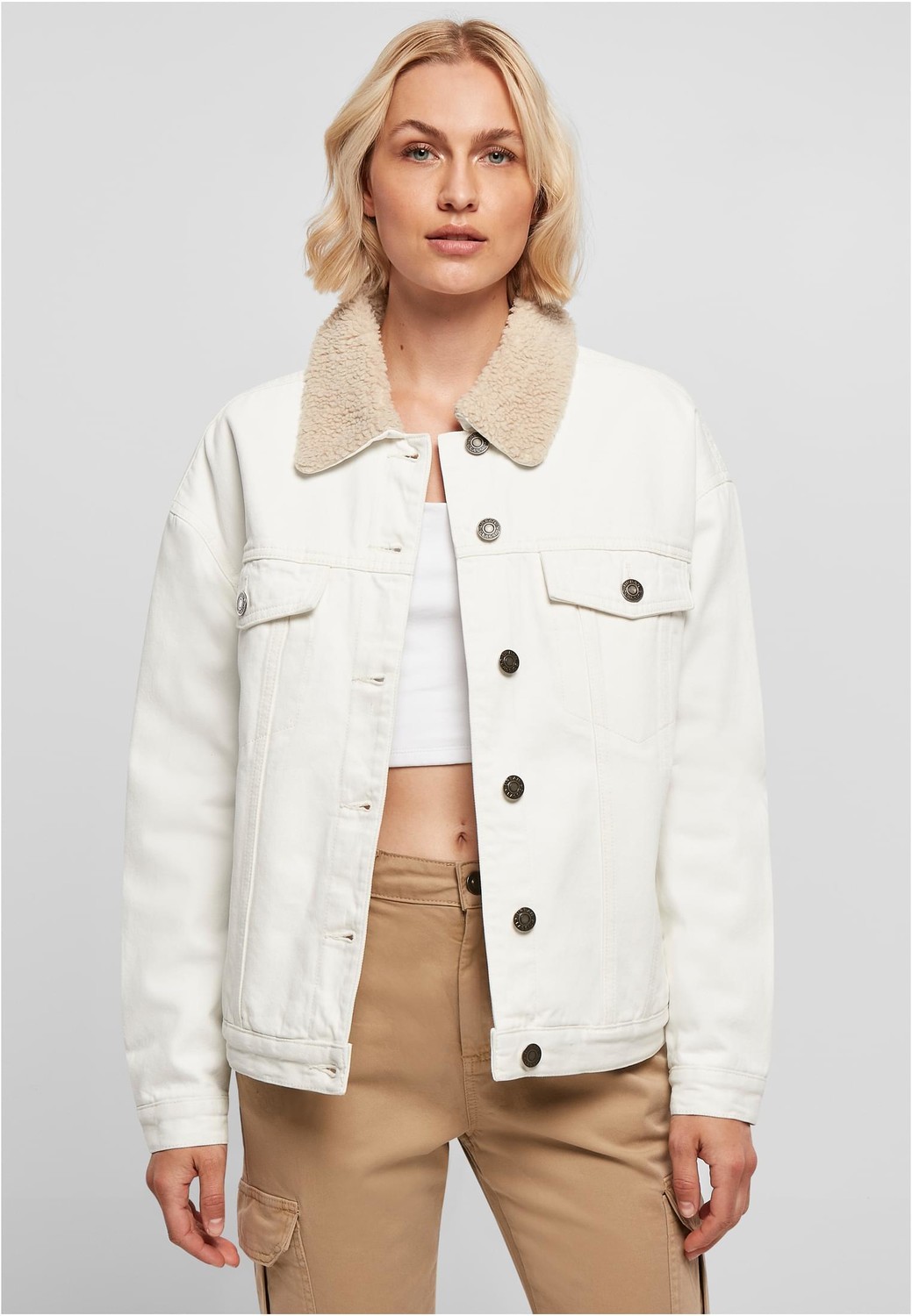 Women's oversized denim jacket Sherpa in white