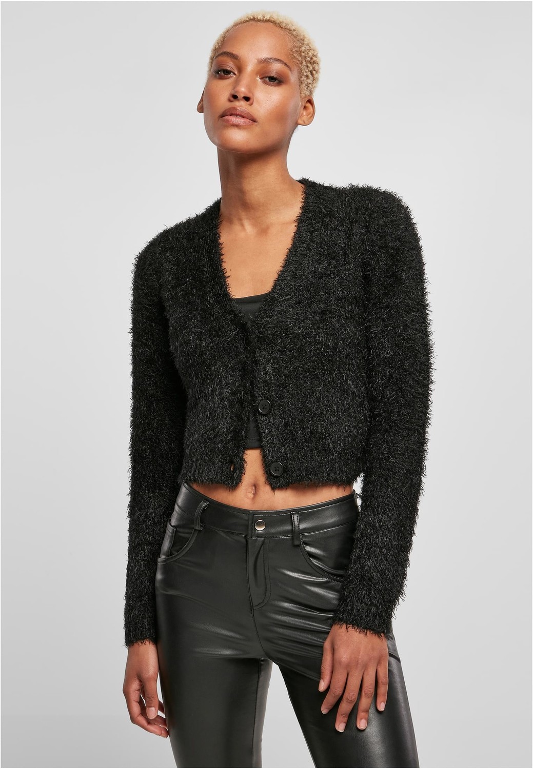 Women's sweater with cropped feathers in black