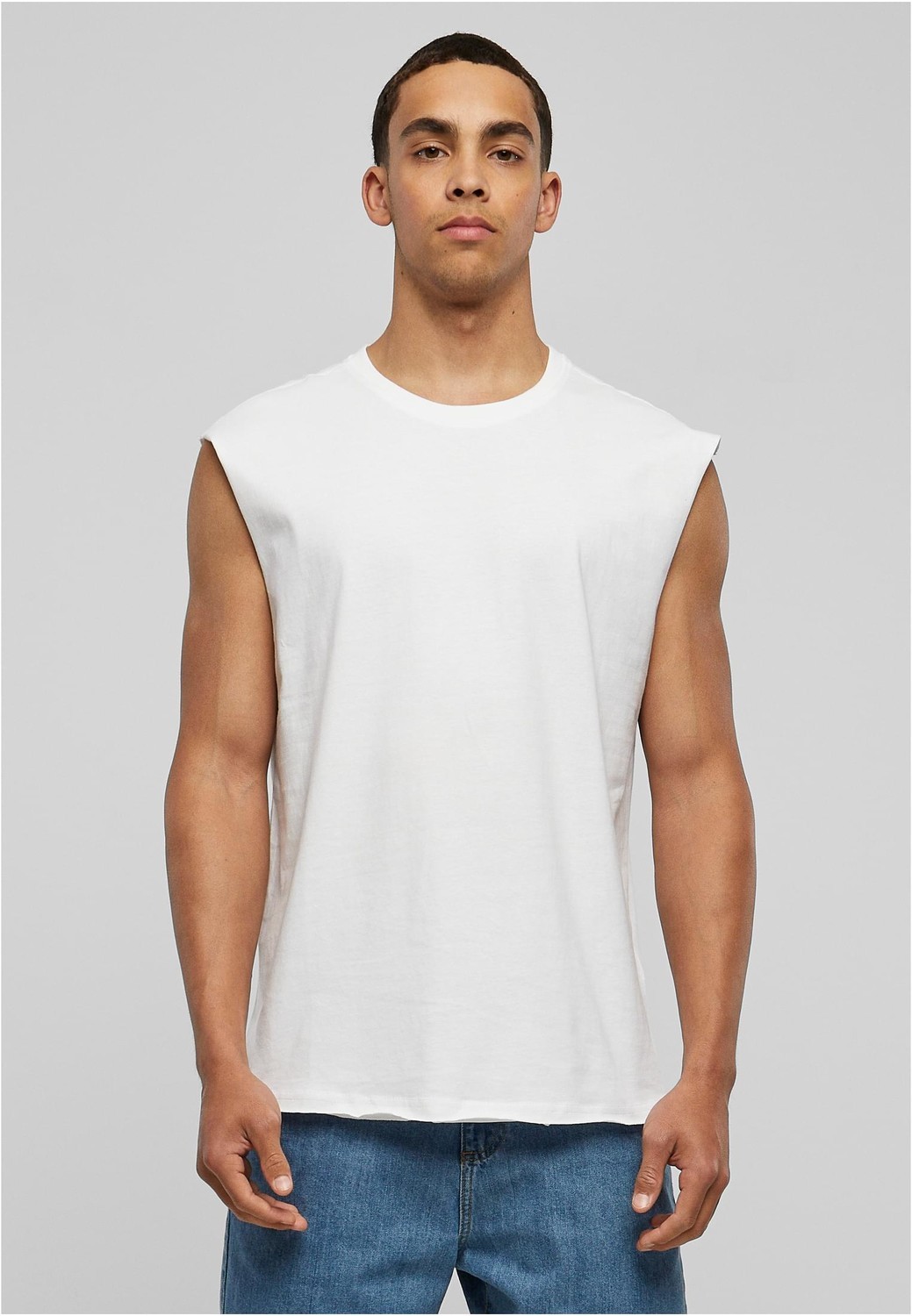 White sleeveless T-shirt with open brim
