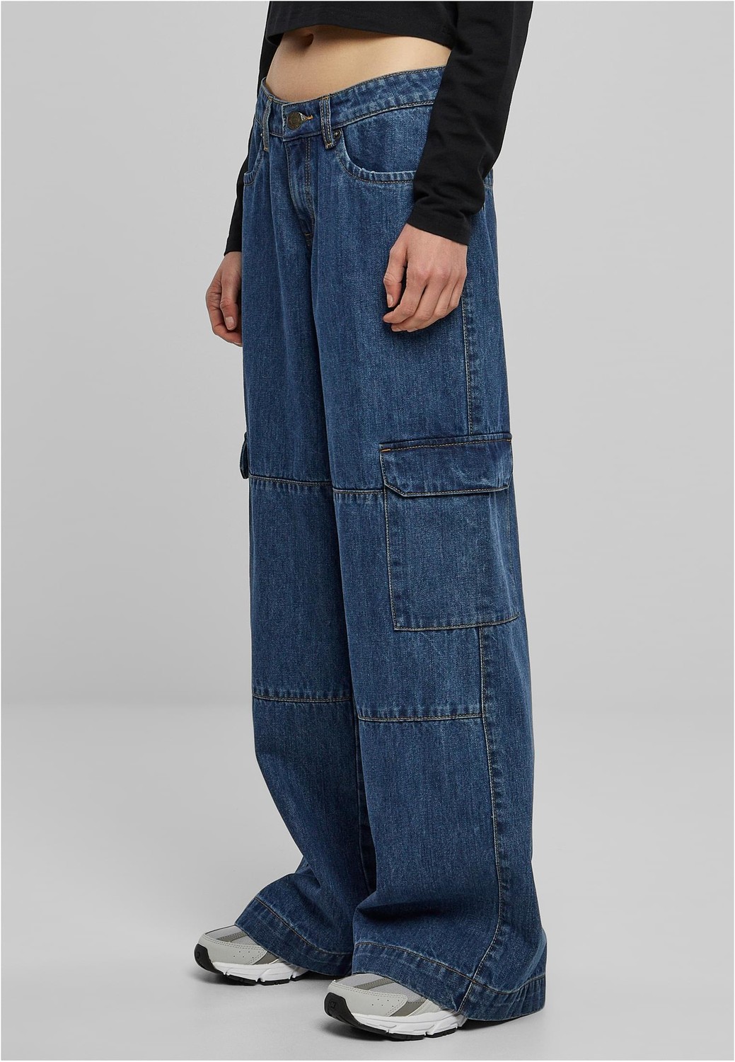 Ladies Low Waist Cargo Denim Mid Indigo Washed