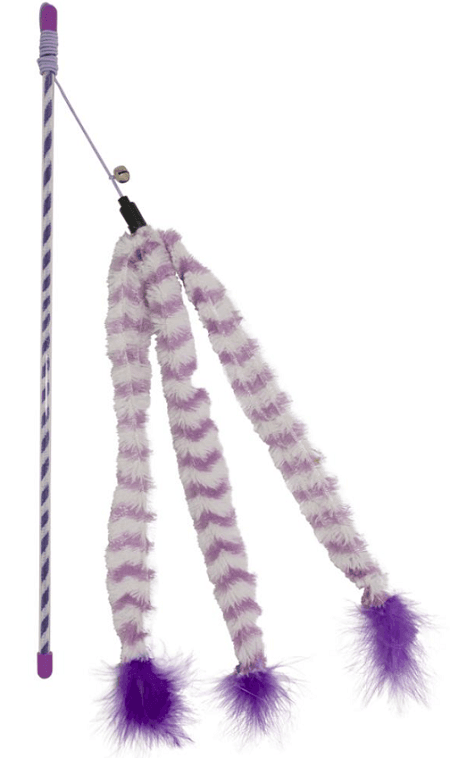 Hračka pre mačky DUVO+ tyč na hranie s premenlivými semišovými chvostíkmi a pierkami 44x8x3,5cm