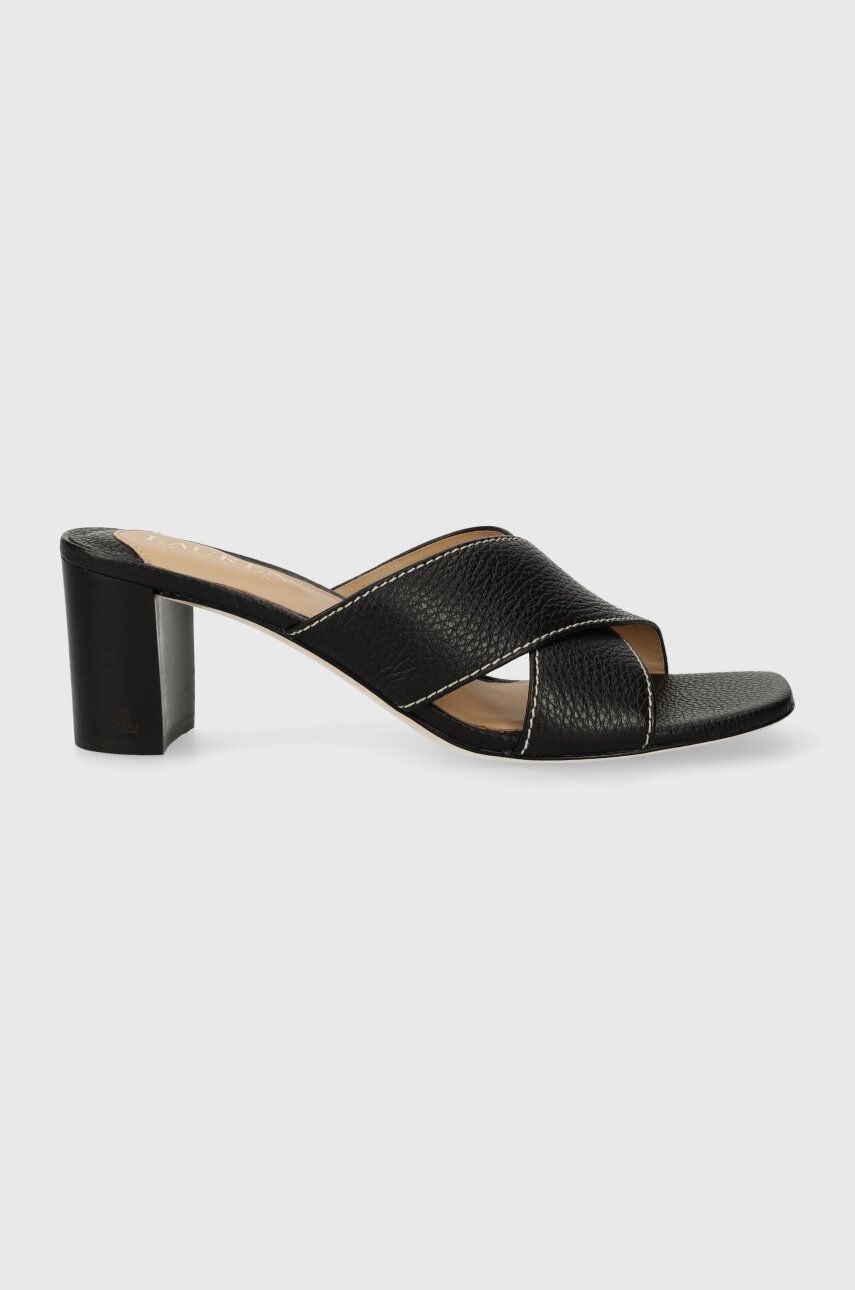 Kožené šľapky Lauren Ralph Lauren Freddi dámske, čierna farba, na podpätku, 802925266001