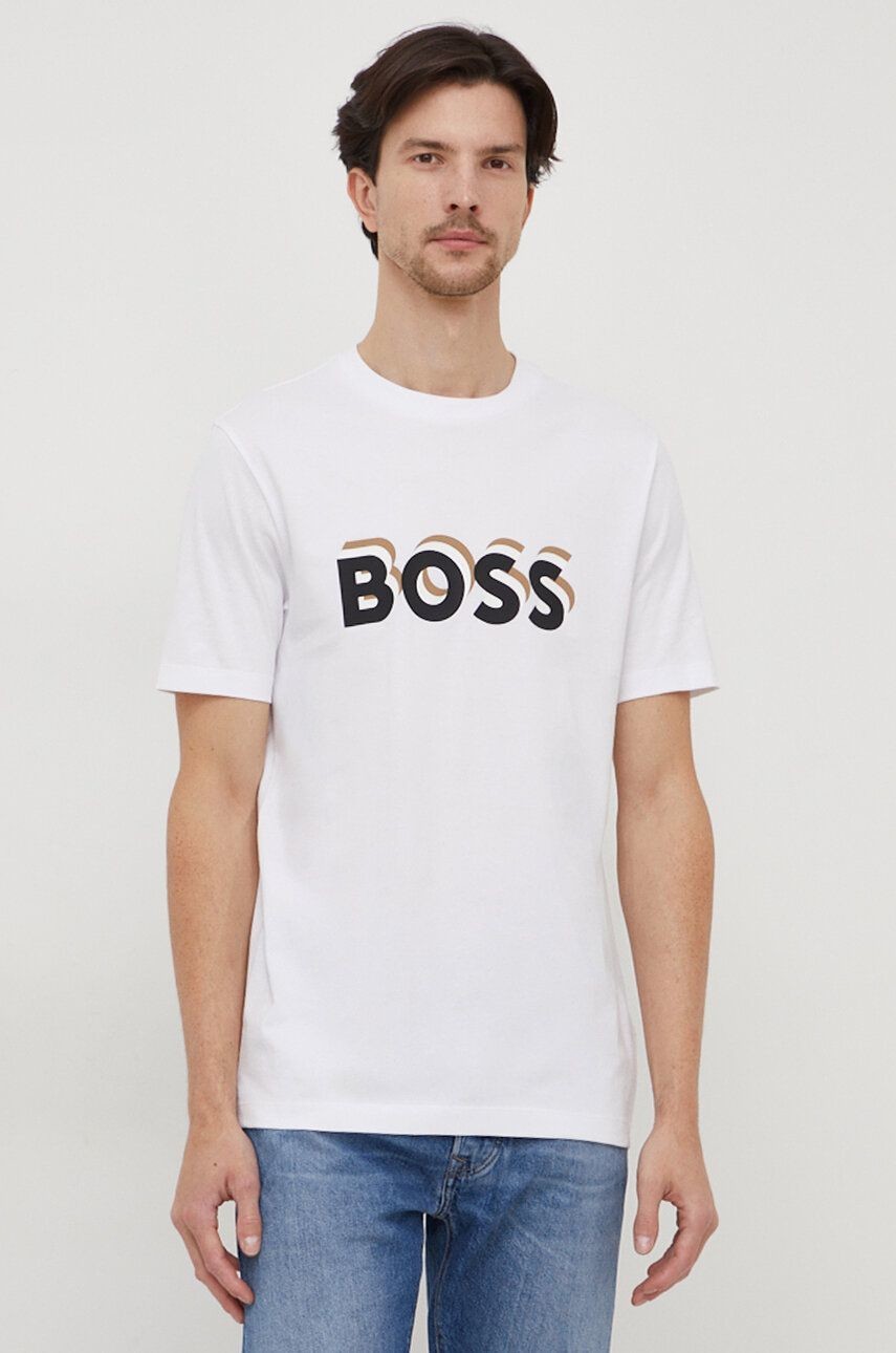 Bavlnené tričko BOSS pánsky, biela farba, s potlačou