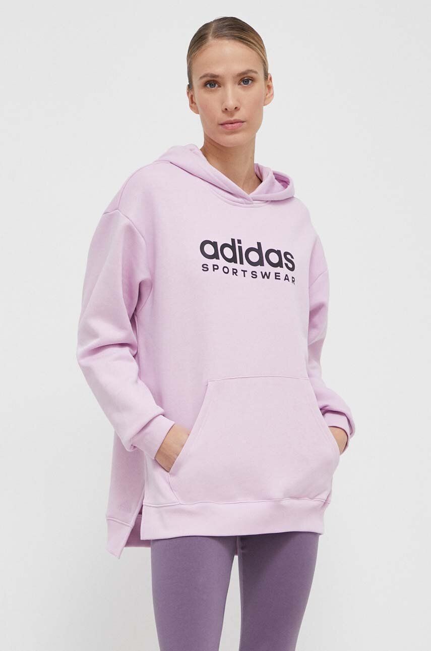 Mikina adidas dámska, fialová farba, s kapucňou, s potlačou