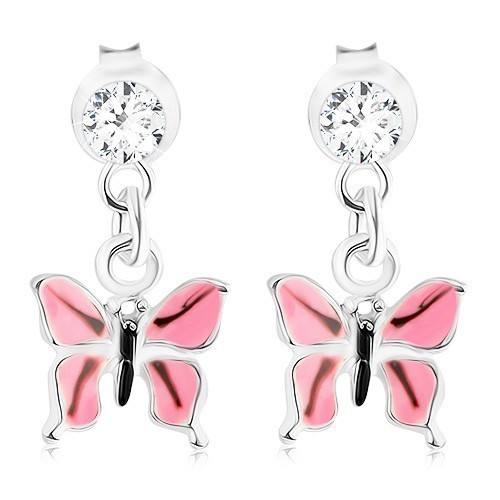 Náušnice zo striebra 925, ružový glazúrovaný motýlik, Swarovského krištálik