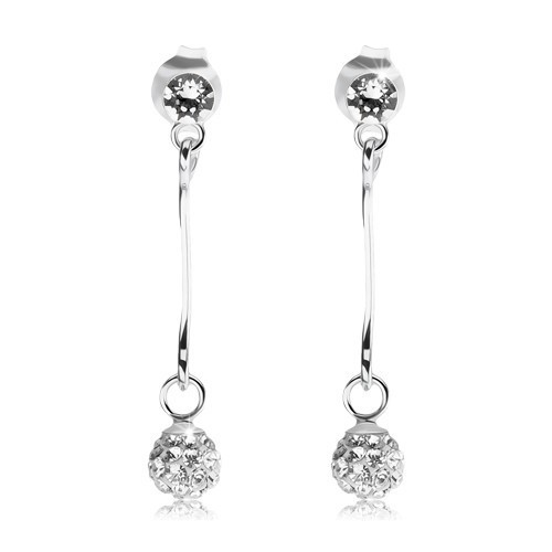 Náušnice zo striebra 925, číry Swarovského krištáľ, trblietavá gulička na paličke