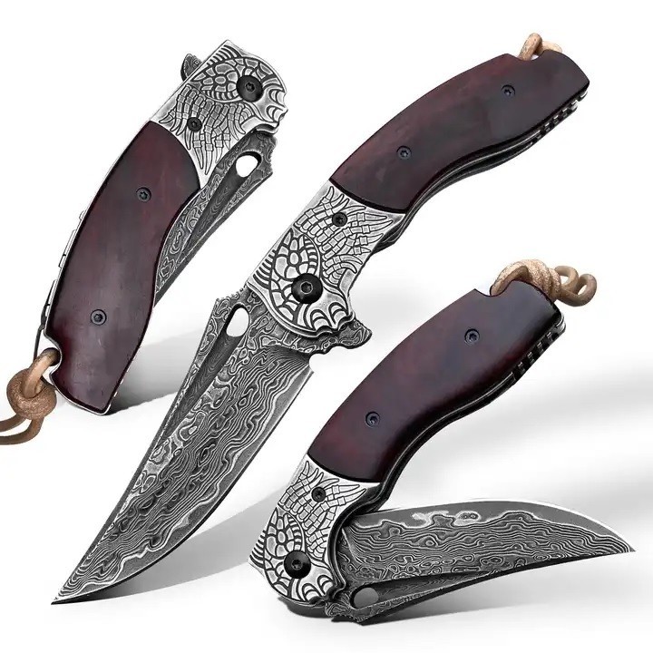 Damaškový lovecký skladací nôž MASTERPIECE Hikari-Hnedá