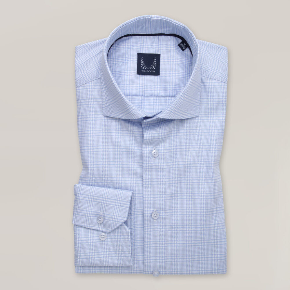 Pánska košeľa slim fit svetlomodrej farby s jemným károvaným vzorom 15903